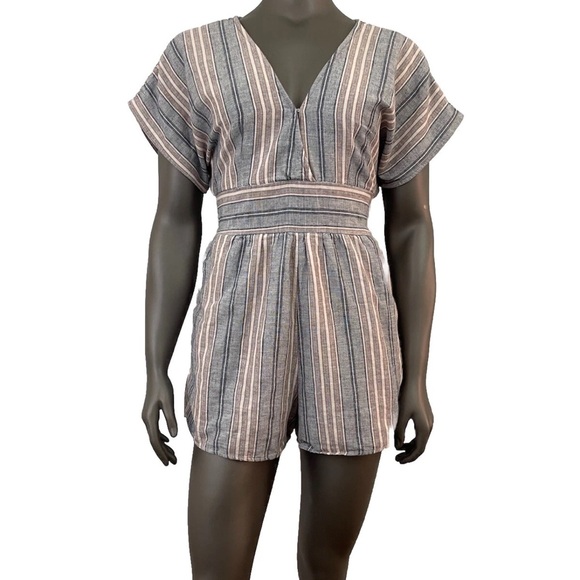 American Eagle Outfitters Pants - American Eagle Romper Womens M Striped Multicolor V Neck Tie Linen Blend Preppy